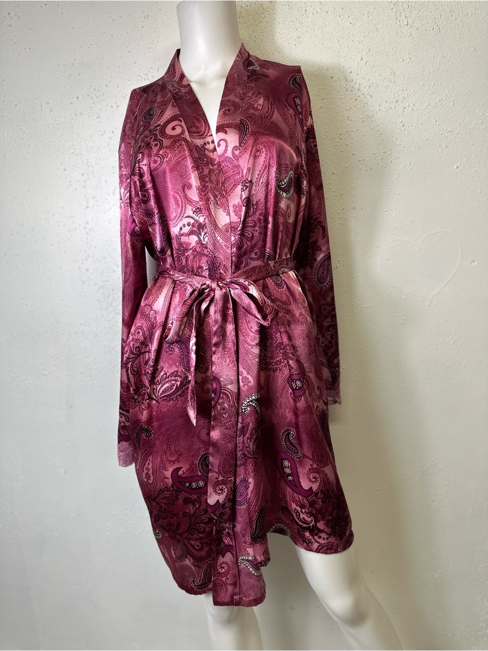 delicates Berry Paisley Satin Robe with Self-Tie Belt